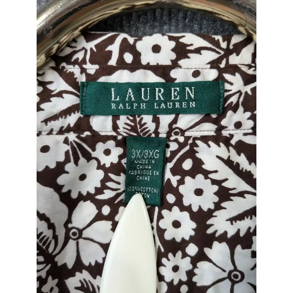 LRL Ralph Lauren Poplin Top Womens 3X Brown Floral Button Up Dress Shirt - Picture 2 of 10